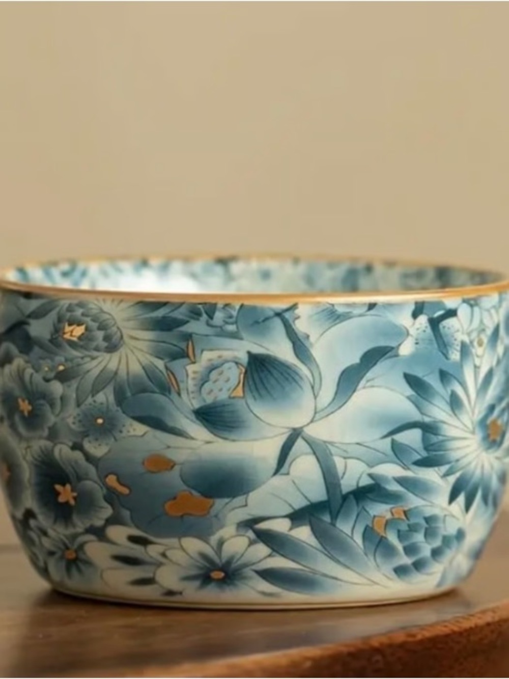 Blue Floral Ceramic Bowl with Gold Accents - Home Art